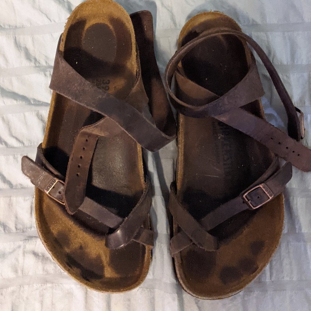 Dark brown ankle wrap Birkenstocks